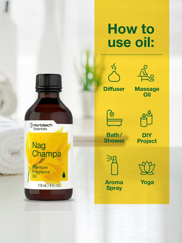 View 3 Bottle of Nag Champa fragrance oil with usage instructions on a yellow background.