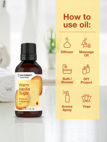 Fragrance oil bottle with usage instructions on a yellow background