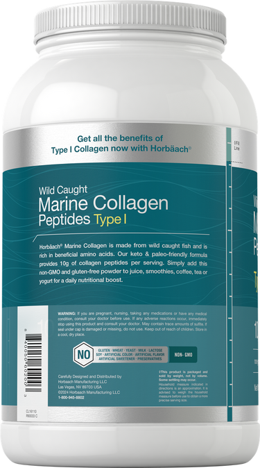 Container of marine collagen peptides with text on a white background