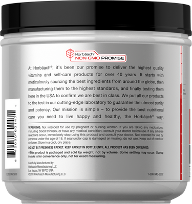 View 3 Back label of a Horbaach supplement container with text and branding.