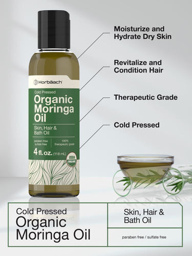 Bottle of Horbaach Organic Moringa Oil with text highlighting its benefits on a light gray background.