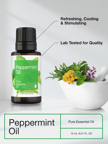 View 3 Peppermint essential oil bottle with label and product details on a white background.