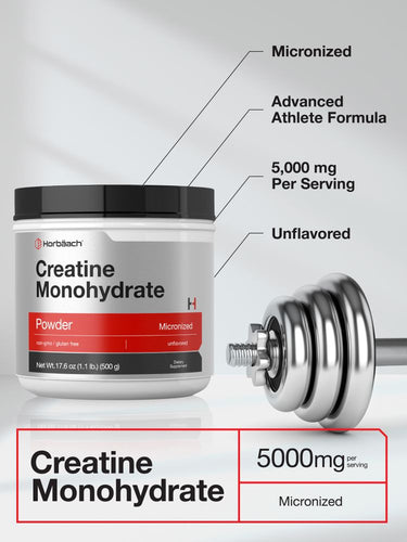 View 3 Creatine monohydrate powder container with gym equipment and text on a gray background