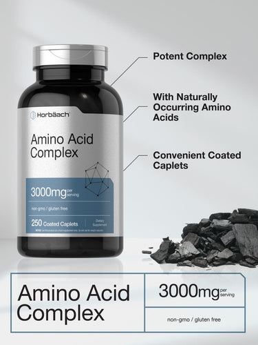Bottle of amino acid complex supplement with text highlighting key features on a gray background.