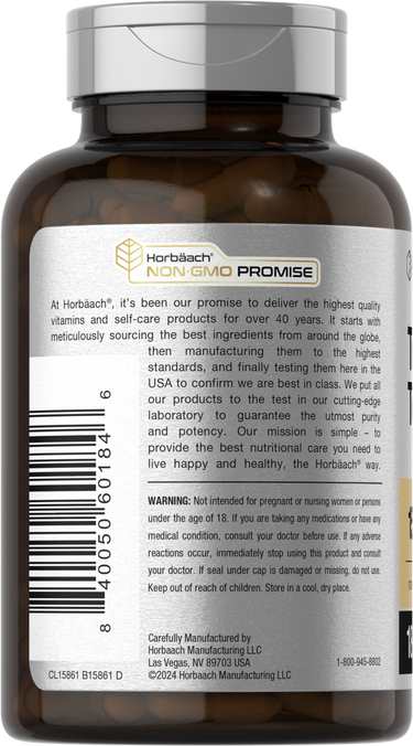 Brown supplement bottle with label showing branding and contact information.