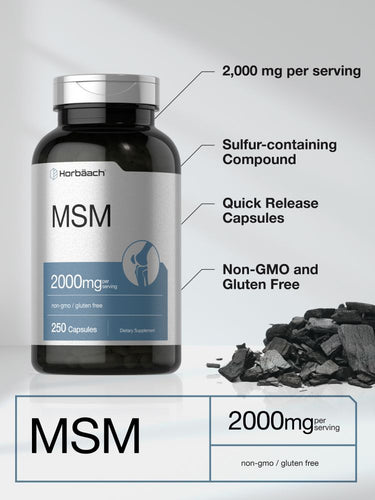 Hortbaach MSM supplement bottle with product details on a gray background