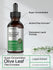 Bottle of super concentrated olive leaf liquid extract with text labels on a neutral background.