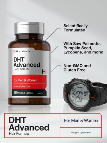 View 3 DHT Advanced hair formula supplement bottle with a watch on a light gray background