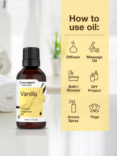 Vanilla essential oil bottle with usage instructions on a light background