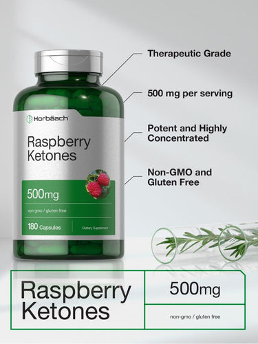 View 3 Bottle of Raspberry Ketones supplement with label details on a light gray background