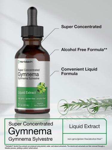 View 3 Bottle of Gymnema Sylvestre liquid extract with text highlighting its features.