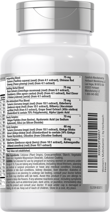 Supplement bottle with detailed label showing ingredients and dosages.