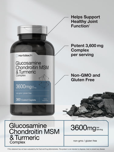 Bottle of Glucosamine Chondroitin MSM & Turmeric Complex with text highlighting benefits on a gray background