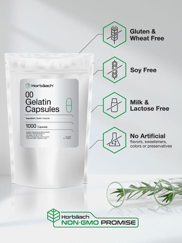 View 3 Horbaach gelatin capsules packaging with certification icons on a white background