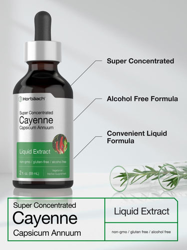View 4 Bottle of Horbaach Cayenne Liquid Extract with text highlighting features on a light gray background