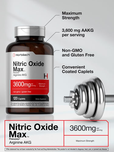 Bottle of Nitric Oxide Max with label details and dumbbell illustration.