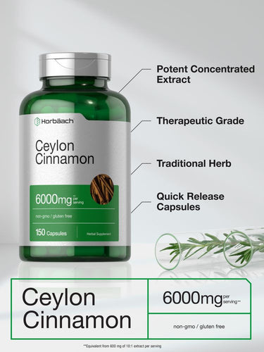 View 4 Green bottle of Ceylon cinnamon capsules with text highlighting key features.