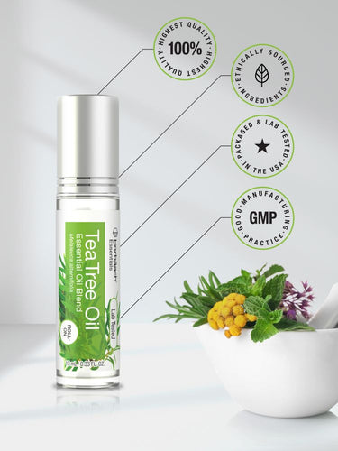 Tea Tree Oil bottle with essential oil blend and certification icons on a white background
