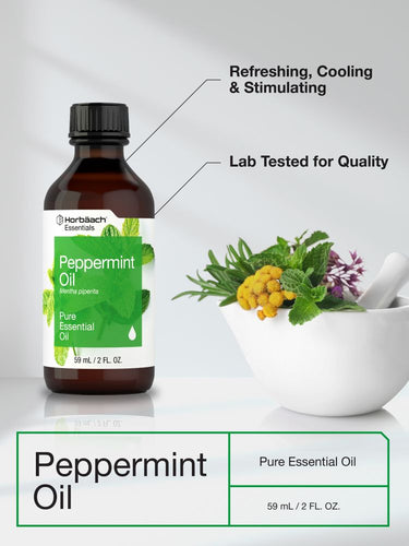Peppermint oil bottle with herbs and mortar on a white background