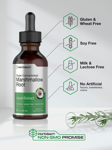 View 4 Bottle of marshmallow root liquid extract with certification icons on a light background