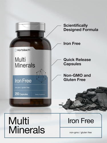 Bottle of Horbaach Multi Minerals Iron Free supplement with product details on a gray background