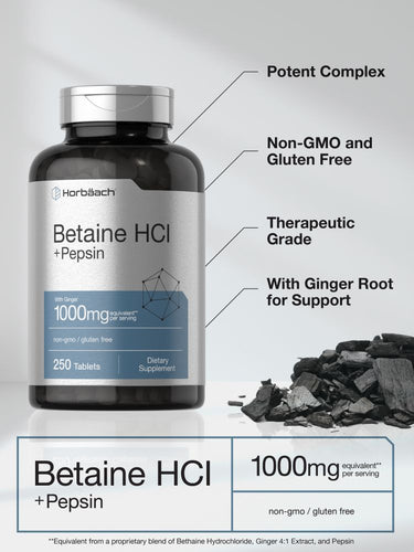 Bottle of Betaine HCl + Pepsin with descriptive text and ginger root on a light background