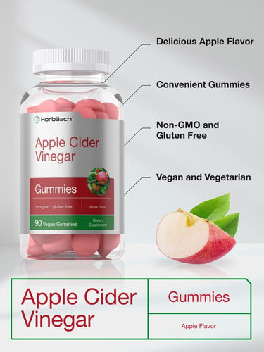 Bottle of apple cider vinegar gummies with apple flavor and health benefits highlighted.