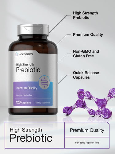 Prebiotic supplement bottle with features highlighted on a gray background