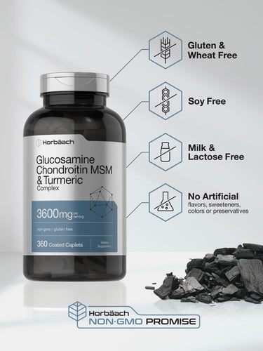 View 4 Horbaach Glucosamine Chondroitin MSM & Turmeric Complex supplement bottle with charcoal on a light gray background