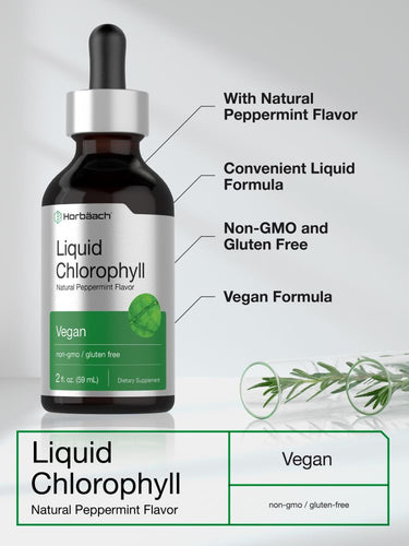View 4 Bottle of Herbacea Liquid Chlorophyll with product details on a light gray background
