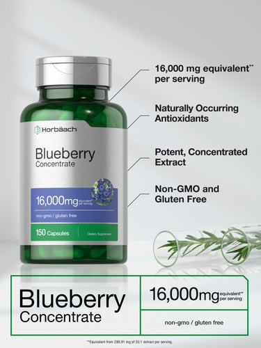 View 5 Green bottle of blueberry concentrate capsules with text highlighting benefits.