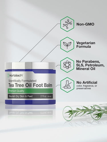 View 4 Horbaach Tea Tree Oil Foot Balm jar with certification icons on a white background