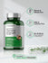 Green supplement bottle with text highlighting gluten-free, milk-free, and artificial ingredient-free properties.
