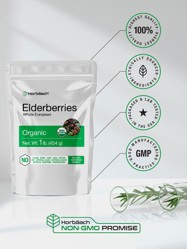 View 4 Horbach Elderberries packaging with certification logos on a white background