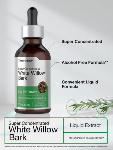 Bottle of super concentrated white willow bark liquid extract with text on a white background.