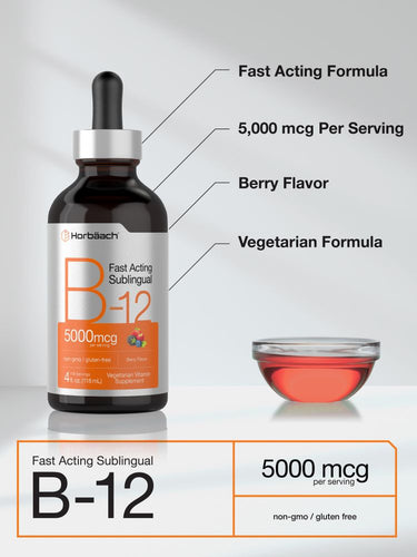 View 4 B-12 supplement bottle with berry flavor and serving information.