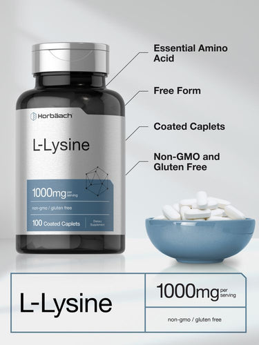 View 4 Horbaach L-Lysine supplement bottle with text highlighting features on a gray background