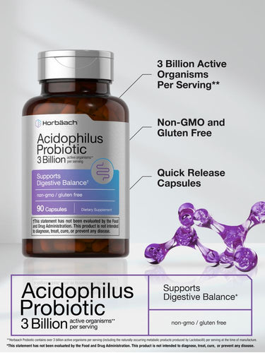 Horbaach Acidophilus Probiotic bottle with text highlighting features on a gray background