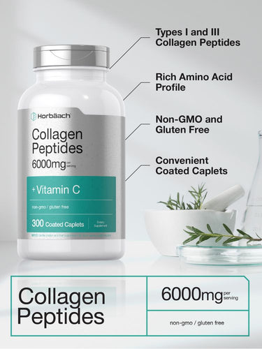 Collagen peptides supplement bottle with text highlighting features on a light gray background