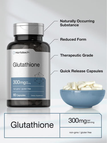 View 4 Glutathione supplement bottle with capsules on a gray background