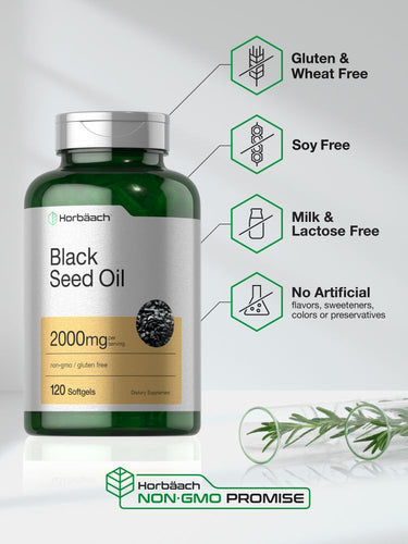 View 4 Green bottle of black seed oil with label details on a white background