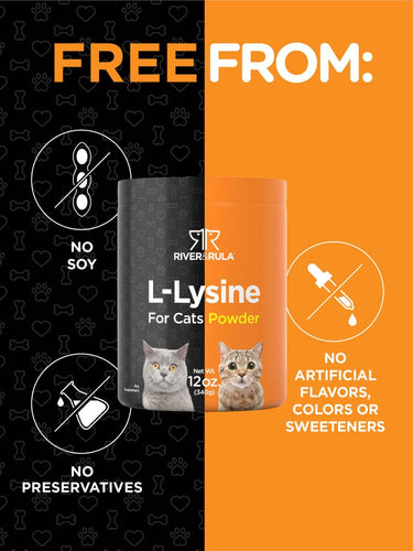 View 4 River's Rule L-Lysine for cats packaging with product and branding details on an orange and black background.