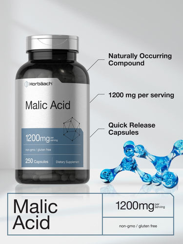 Bottle of Malic Acid capsules with product details on a gray background.