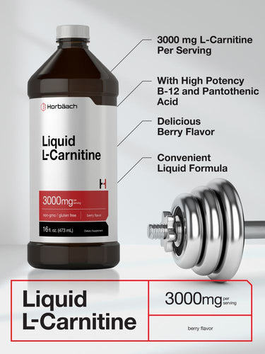 Horbäach L-Carnitina Líquido 16 oz | 3000 mg | Sabor a Bayas | Fórmula Vegetariana | Suplemento No-OMG, Sin Gluten