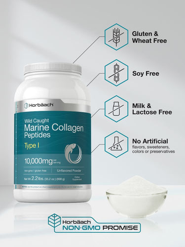 View 4 Horbaach Marine Collagen Peptides container with product details on a light gray background