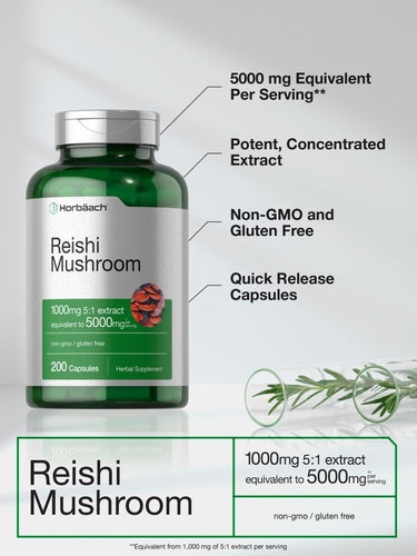 View 4 Green bottle of Reishi Mushroom capsules with text highlighting properties on a white background.