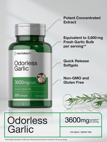 Horbaach Odorless Garlic supplement bottle with product details on a light gray background