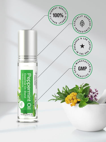 View 4 Peppermint oil bottle with certification badges and herbs in the background