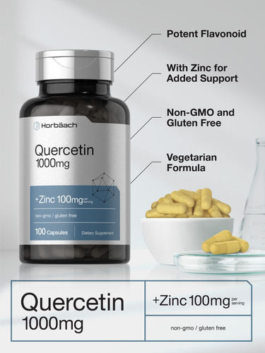 Quercetin supplement bottle with text highlighting features on a light gray background