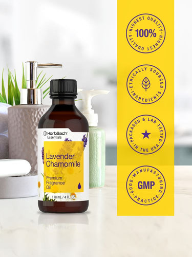 View 4 Bottle of lavender chamomile fragrance oil with certification logos on a yellow background.
